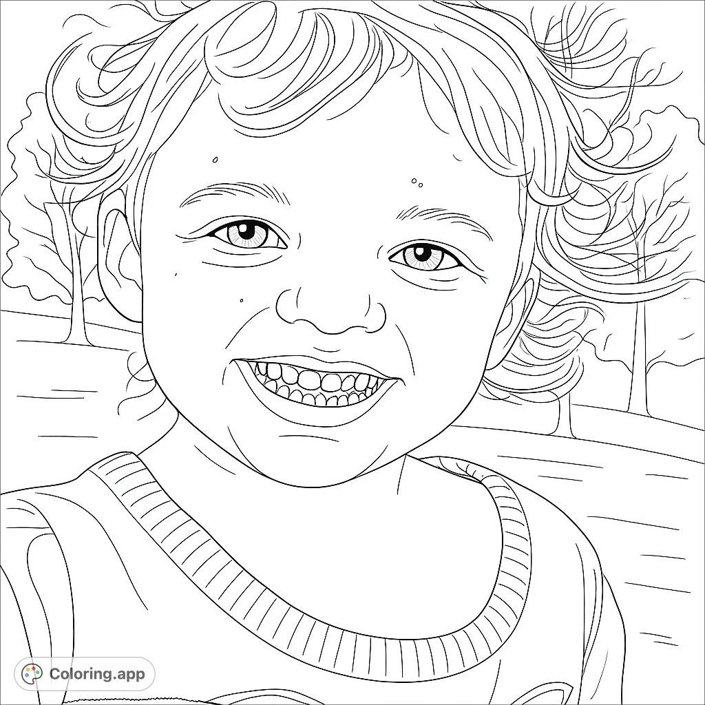 A heartwarming free printable coloring page featuring a smiling child with curly hair, perfect for kids and adults. Bring this joyful portrait to life!