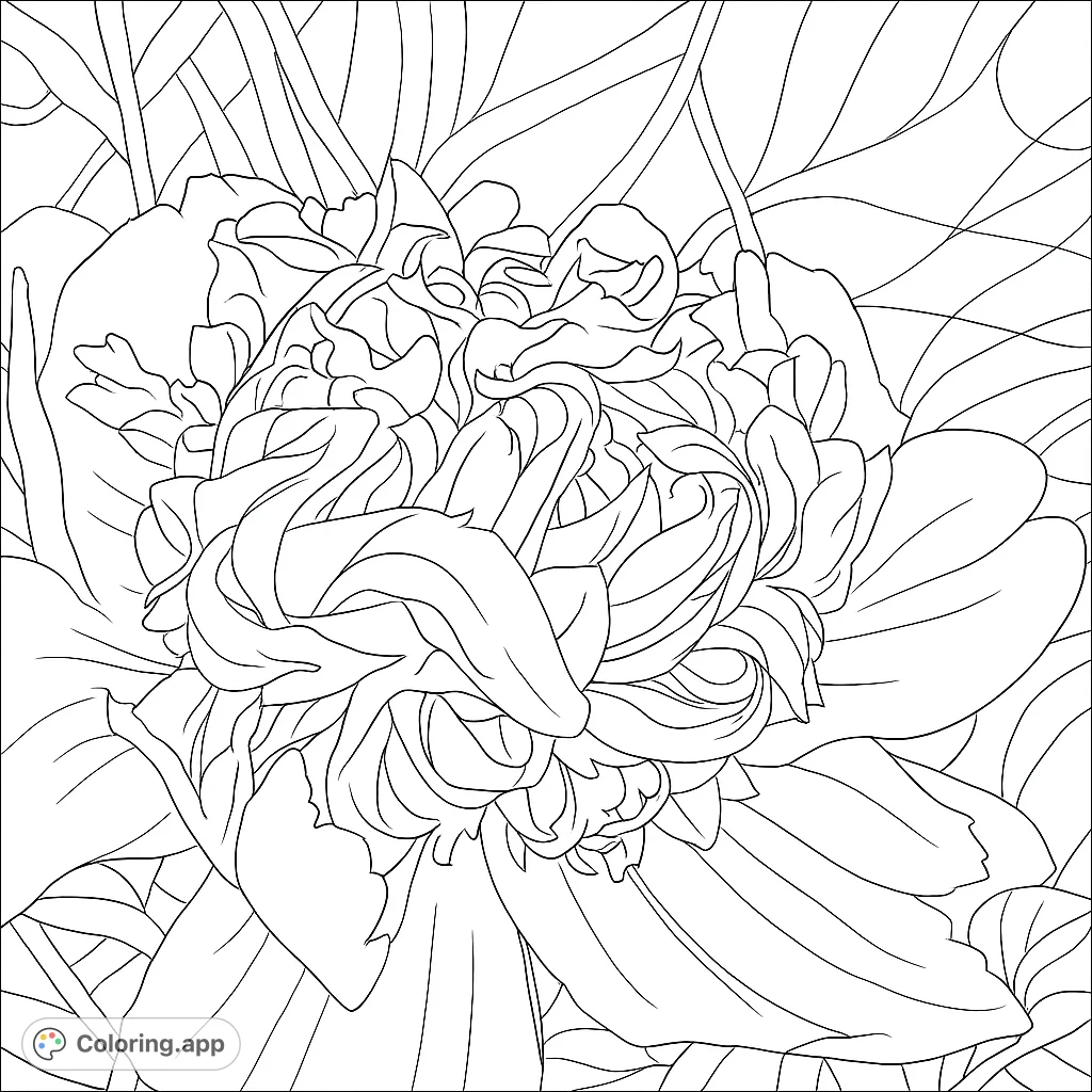 A stunning peony flower coloring page with intricate petals and a flowing background. Perfect for floral art lovers seeking a relaxing, detailed coloring experience.