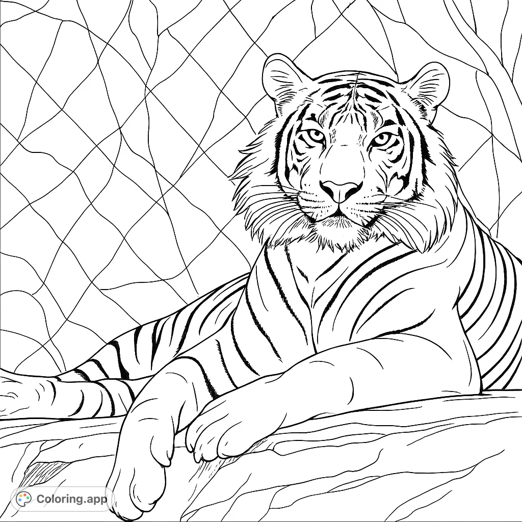 Color a majestic tiger resting on a rocky surface with a unique patterned background. A free printable tiger coloring page for all ages.