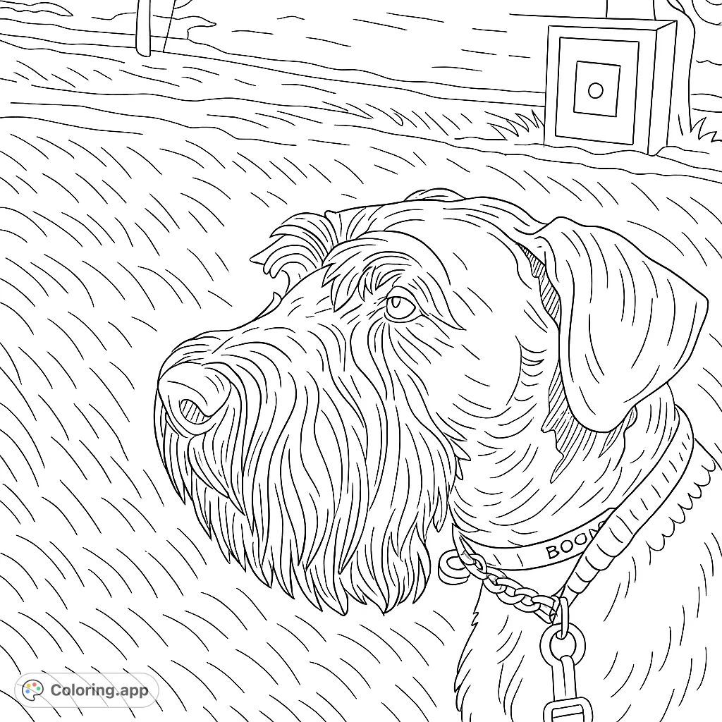 A charming scruffy dog with a textured coat and collar, looking intently, set against a simple outdoor background. A delightful free printable dog coloring page.