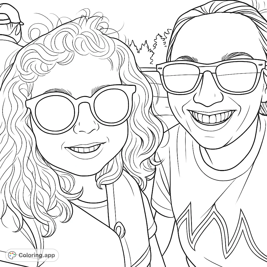 A heartwarming free printable coloring page featuring two smiling people in sunglasses, perfect for family fun. Capture their joy with vibrant colors!