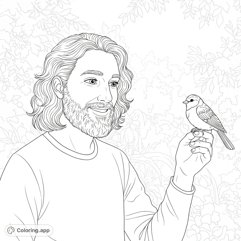 A serene man with a beard gently interacts with a small bird perched on his hand, set against a detailed natural foliage background. Perfect for peaceful coloring.