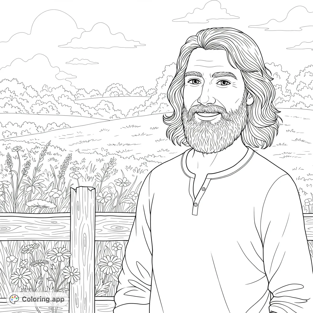 A friendly man with a beard smiles in a serene countryside field, surrounded by wildflowers and rolling hills. A relaxing nature coloring page.