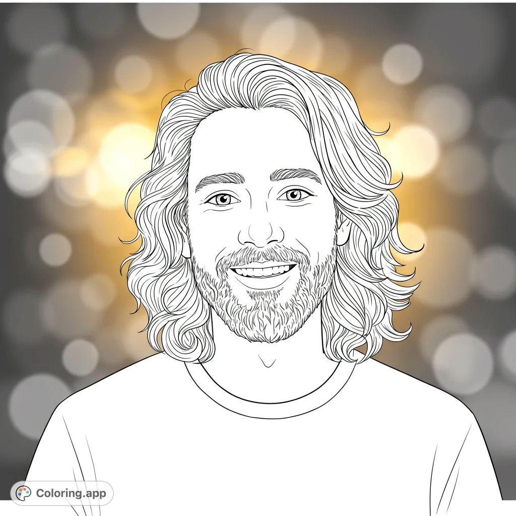 A friendly man with long wavy hair and a beard smiles warmly. A free printable portrait coloring page for all ages, perfect for creative expression.