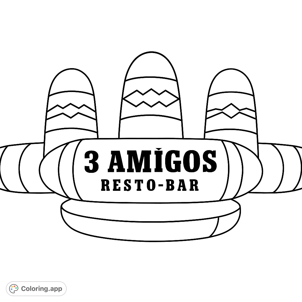 Three festive sombreros with decorative bands, perfect for a vibrant fiesta coloring page. A free printable design for all ages!