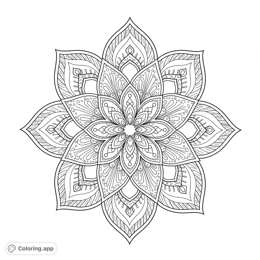 An intricate floral mandala coloring page featuring symmetrical petal designs and detailed patterns for mindful coloring and relaxation.