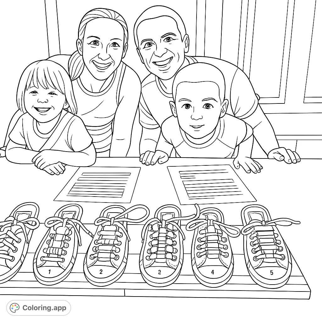 A happy family of four, including two children, smiles while looking at a row of shoes with laces on a table. Perfect for learning and fun!