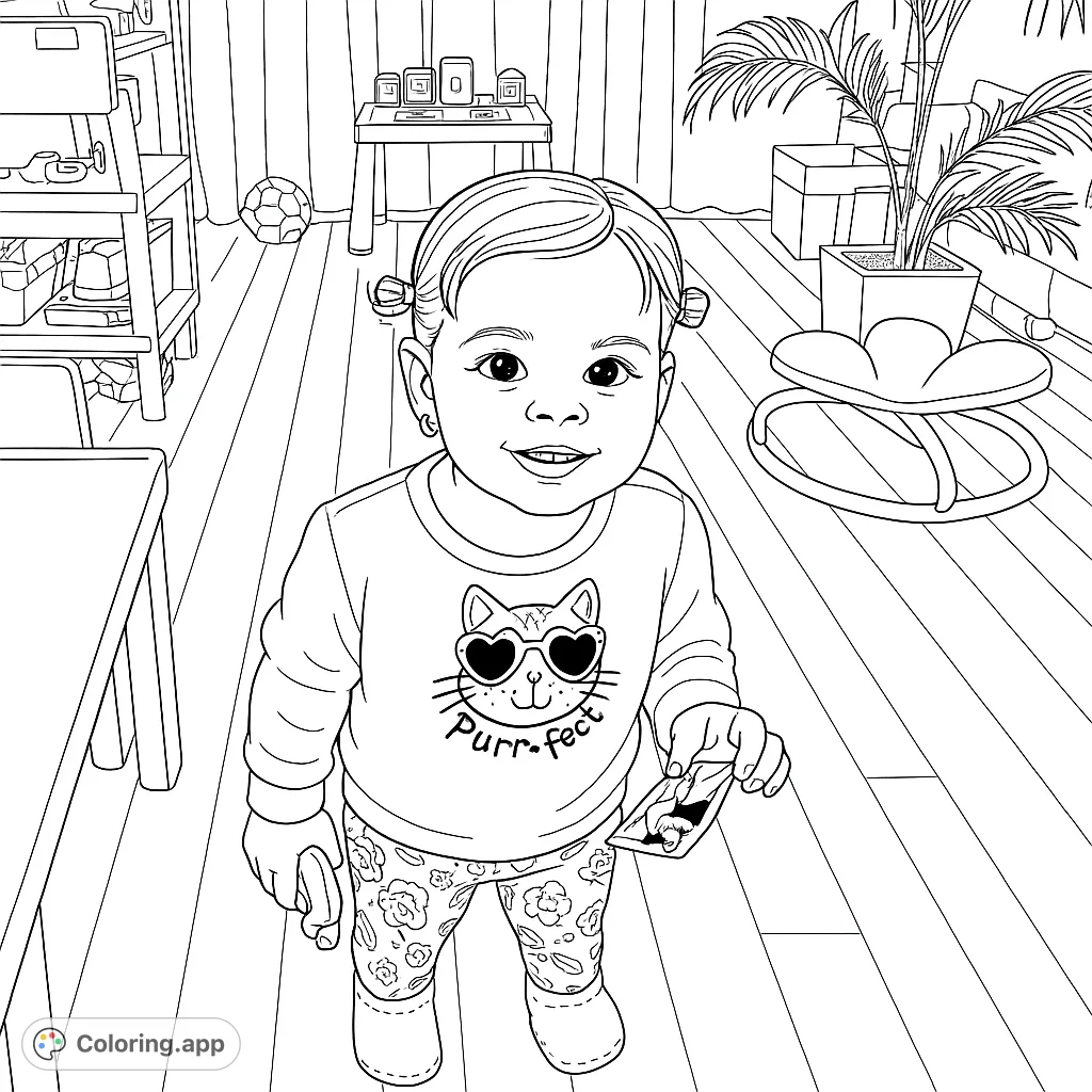 Adorable child with pigtails and a cute cat shirt smiles in a detailed playroom. Perfect free printable coloring page for kids and adults.