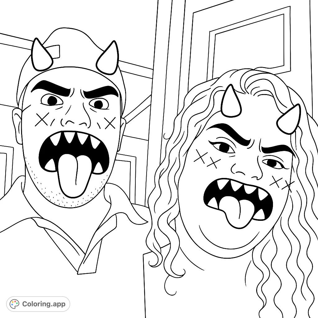 Two playful characters with devil horns, exaggerated expressions, and tongues out. A fun, free printable coloring page for all ages.