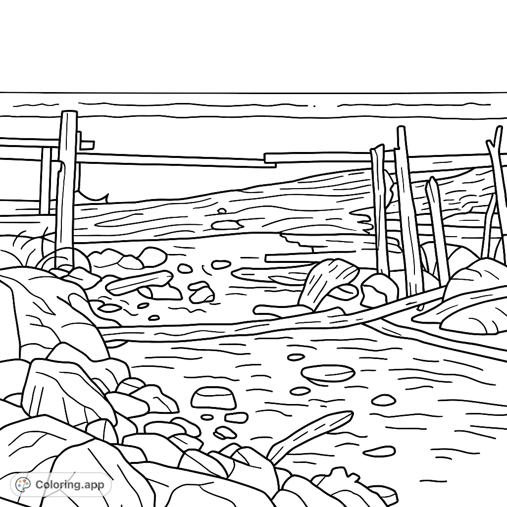 Explore a serene coastal coloring page featuring a rustic wooden fence, scattered rocks, and calm waters under a clear sky. Free printable for all ages!