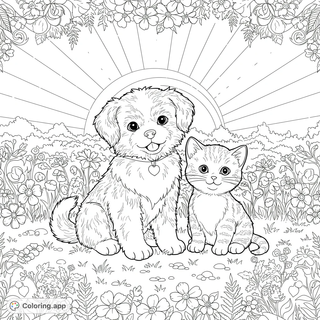 Adorable puppy and kitten in a vibrant flower field under a radiating sun. A charming free printable coloring page for kids and adults.