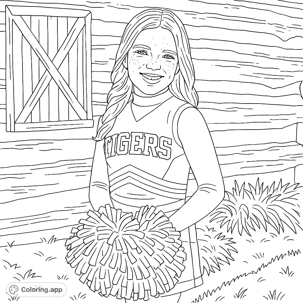 A cheerful cheerleader in uniform holds pom-poms against a rustic barn background. Perfect for sports fans and aspiring cheerleaders!