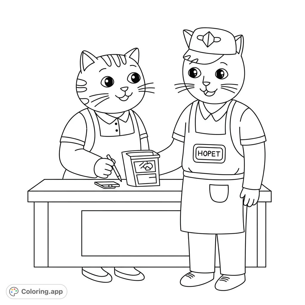 Two friendly cats at a shop counter, one writing, one presenting a box. A charming pet shop scene for coloring fun.