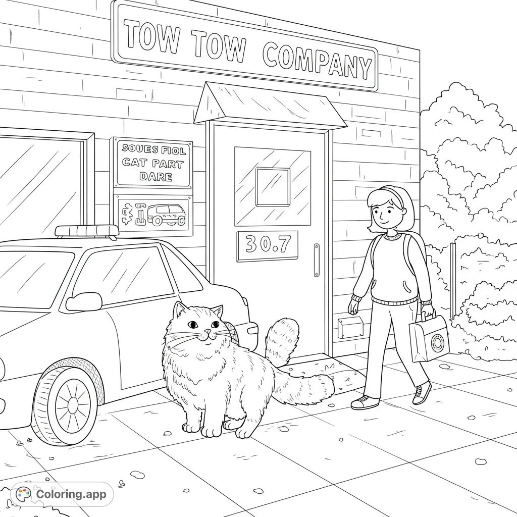 A fluffy cat, a girl, and a car outside a building. A charming scene for a free printable coloring page, perfect for kids and cat lovers.