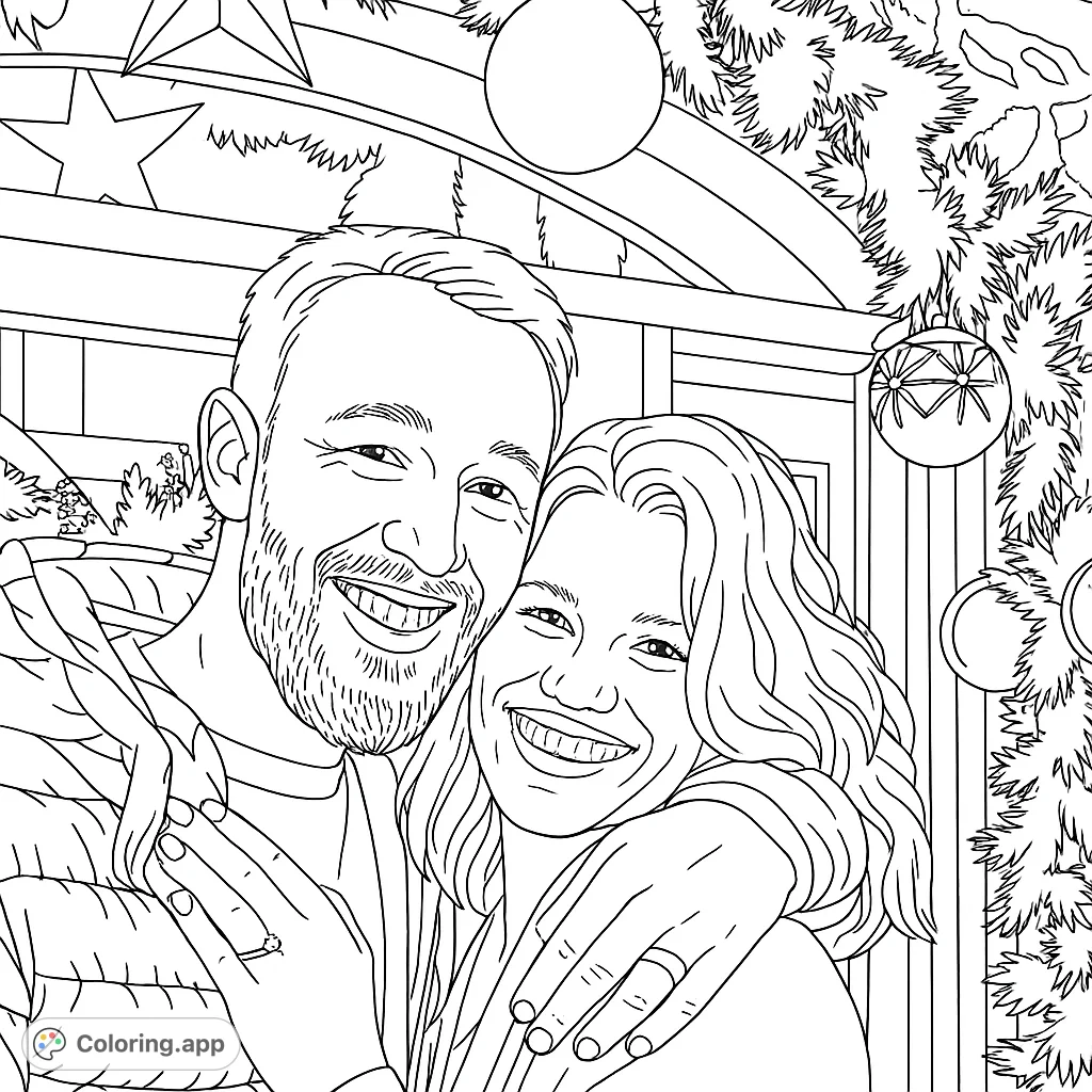 A heartwarming coloring page of a happy couple embracing during the Christmas holiday season. Features festive decorations and joyful expressions.