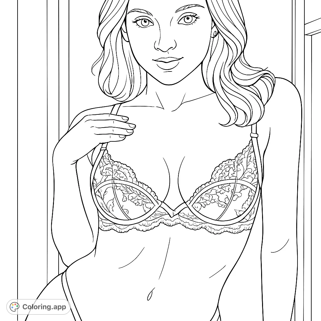 A sophisticated coloring page featuring a woman in elegant lace lingerie, perfect for adult colorists seeking a detailed and artistic challenge.