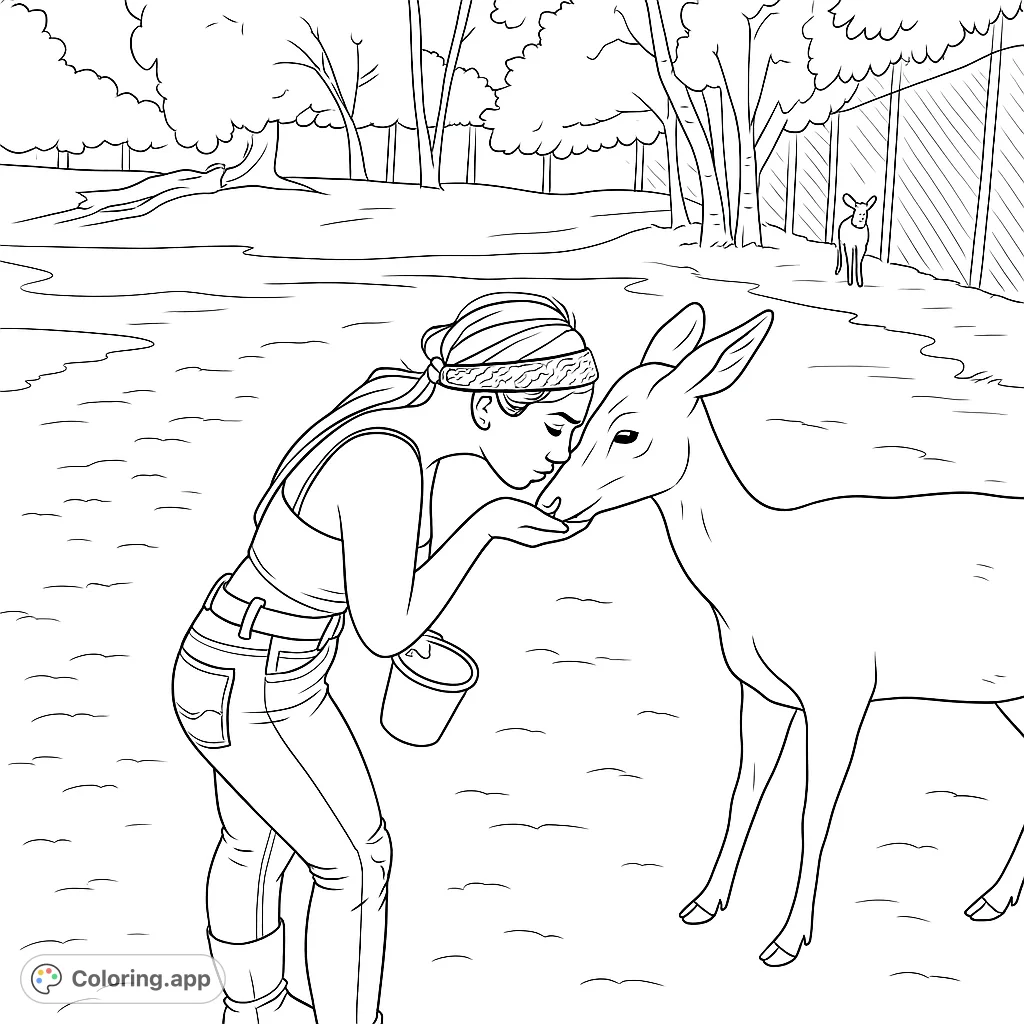 Experience the heartwarming bond of nature with this free printable deer feeding coloring page. A young woman gently feeds a graceful deer in a serene forest setting.