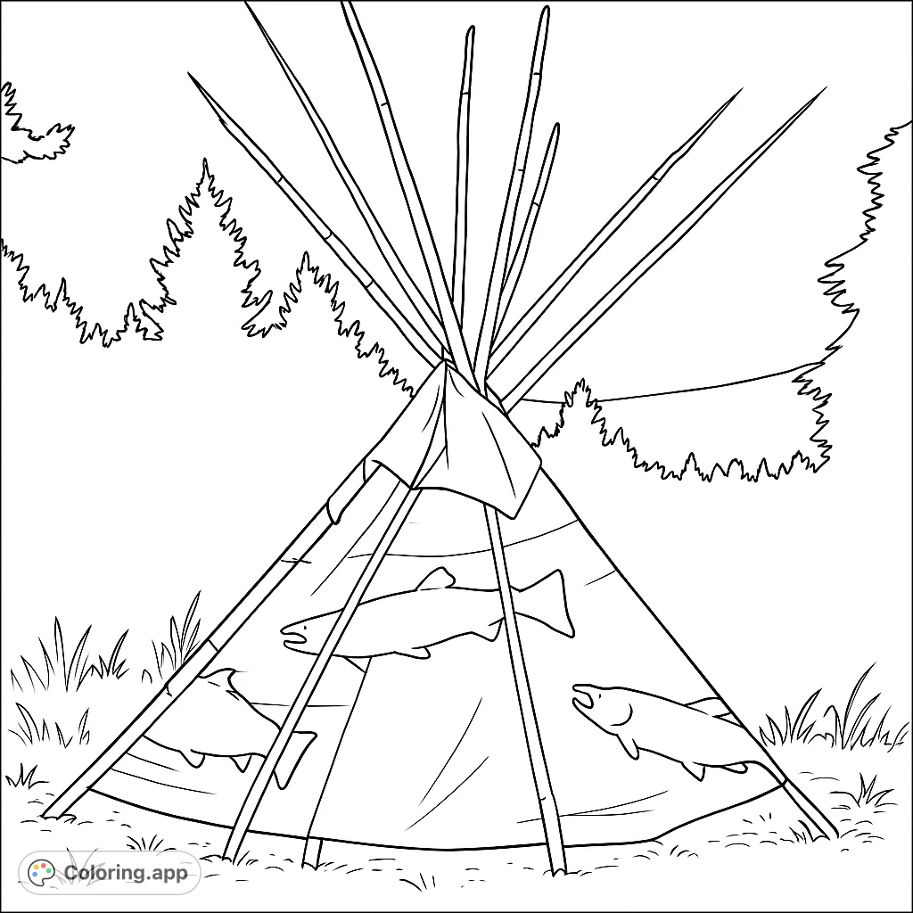 A traditional teepee adorned with fish designs, set amidst a natural landscape. This free printable coloring page offers a cultural adventure.