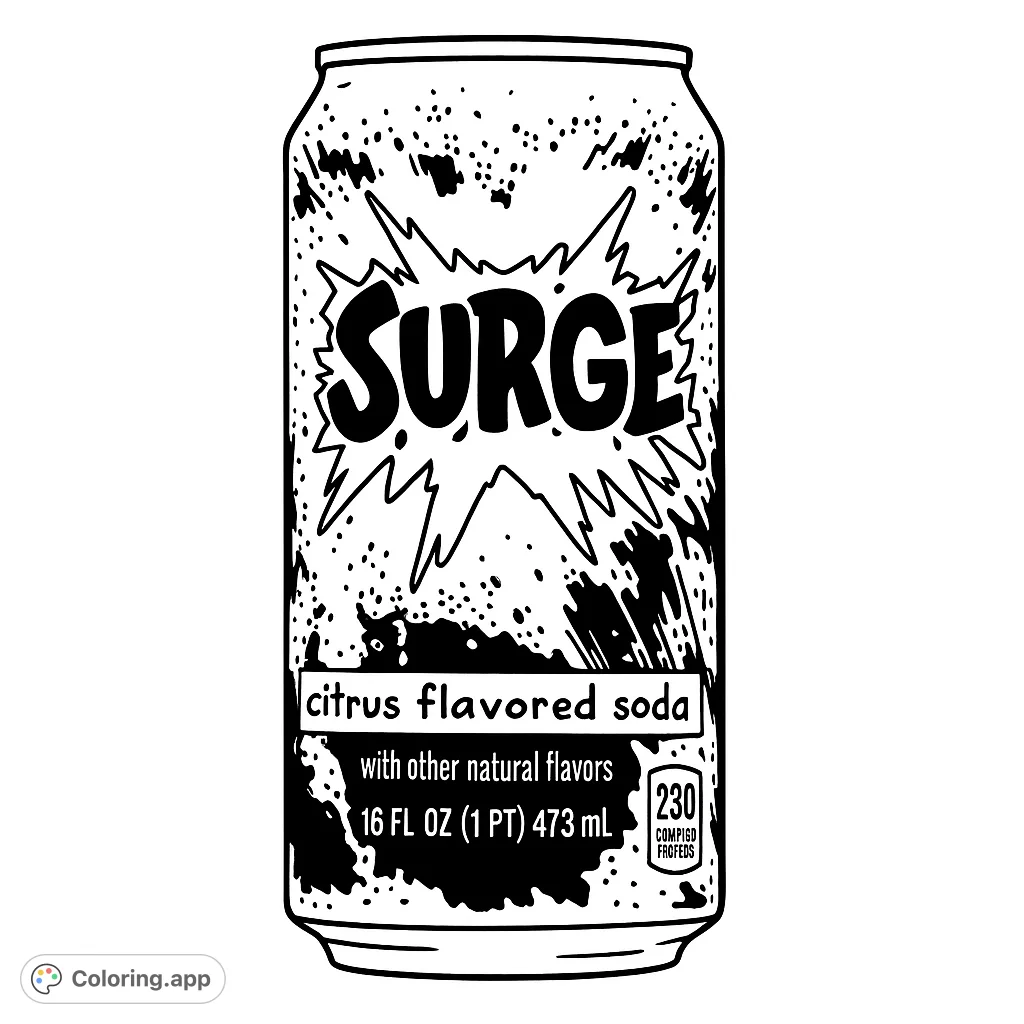 Color this Surge soda can! A fun, detailed coloring page featuring the iconic citrus flavored soda.