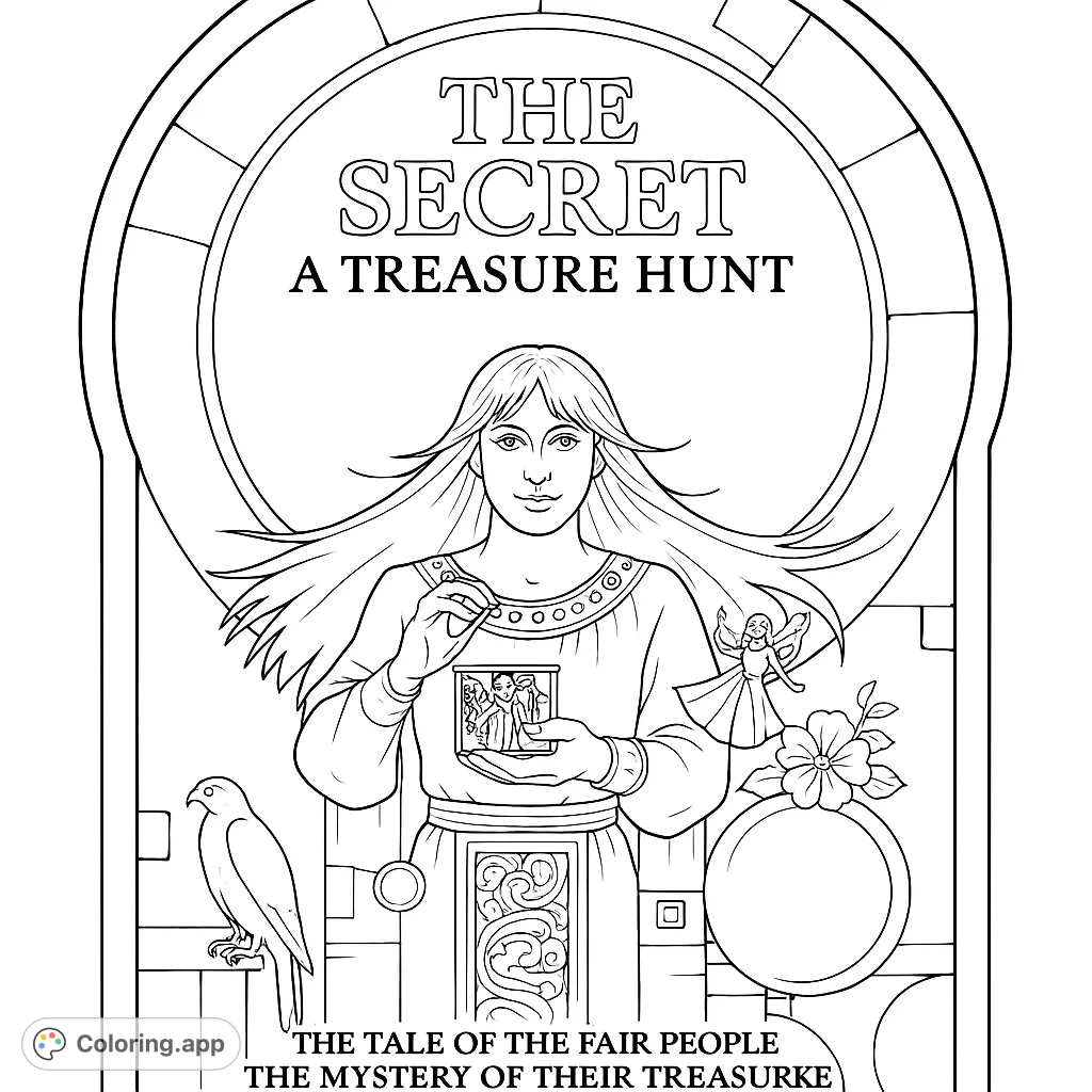 A mystical guardian with flowing hair holds a framed secret, flanked by a majestic falcon and a delicate fairy, all within an ornate archway.