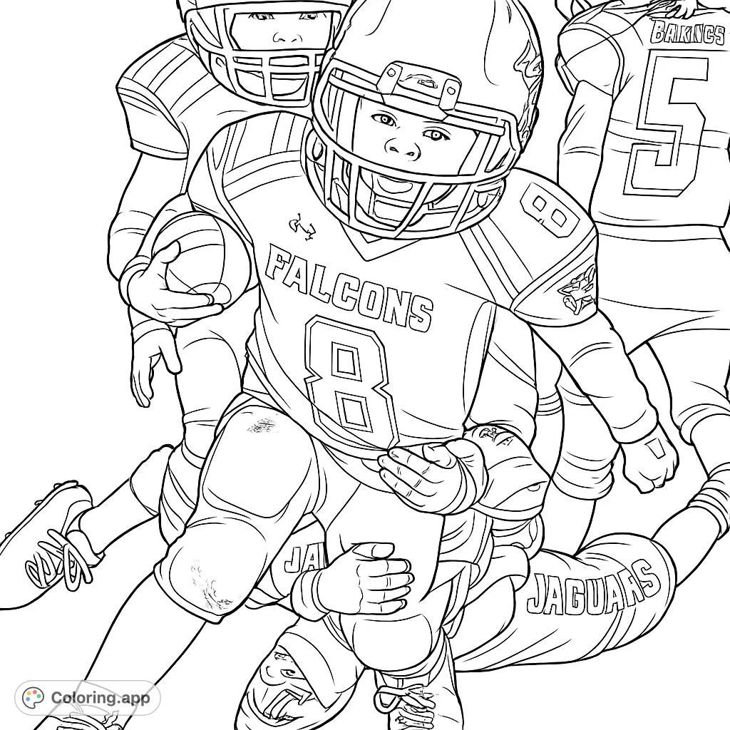 Action-packed football scene! Color this youth player running with the ball, dodging tackles.