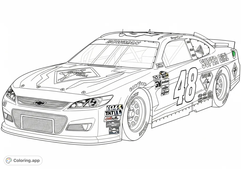 An exciting race car coloring page featuring a sleek, aerodynamic vehicle with a bold '48', 'SUPER GIRL' emblem, intricate details, and sponsor logos.