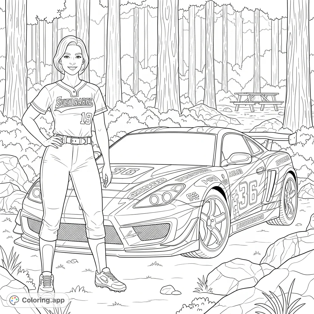 A confident woman in a detailed softball uniform stands next to a powerful sports car with angular graphics in a dense forest, featuring rocks and a picnic table.