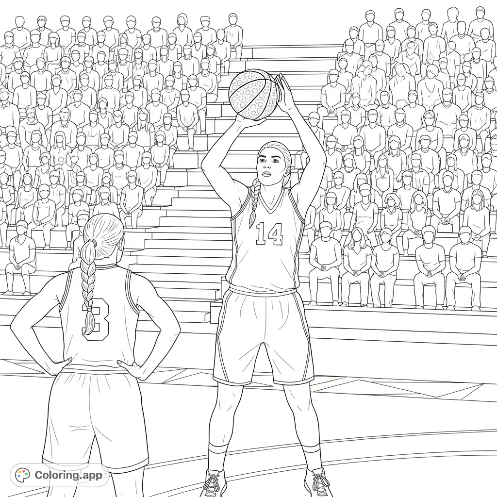 A dynamic female basketball player prepares to shoot on court, flanked by a teammate and a full stadium of spectators. A challenging and exciting sports coloring page.