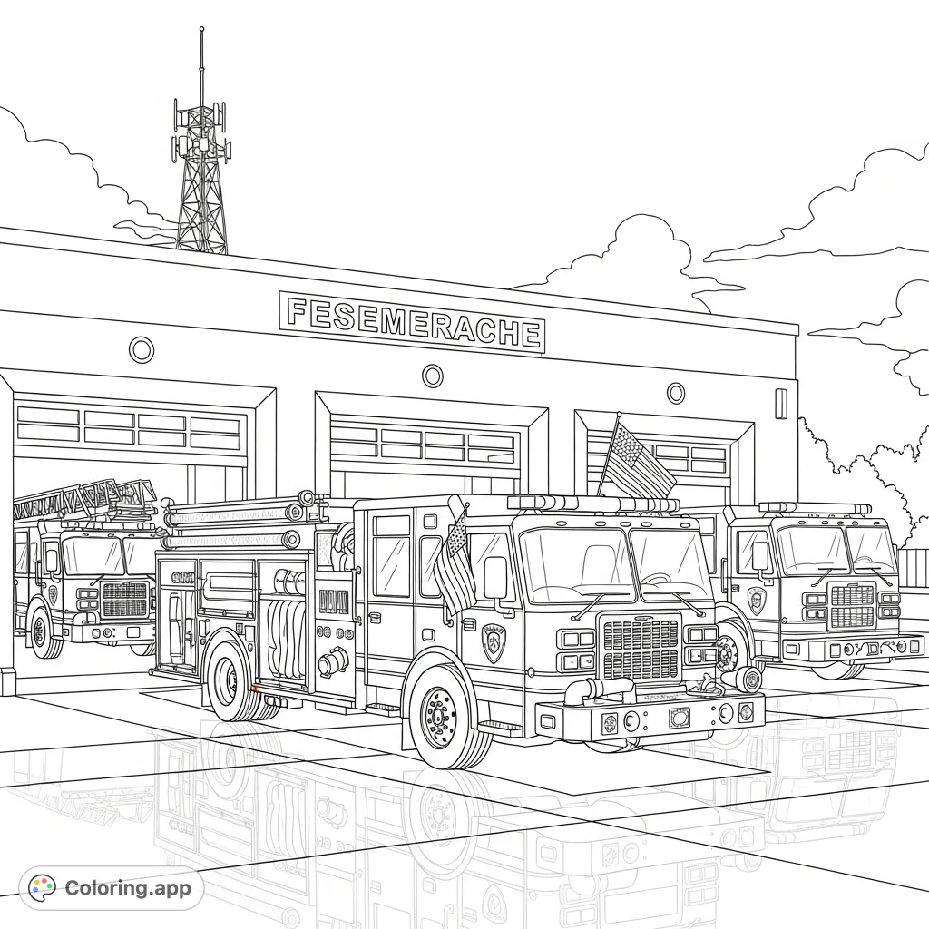 Fire Station To Color Bustling Fire Station Scene - Coloring.app