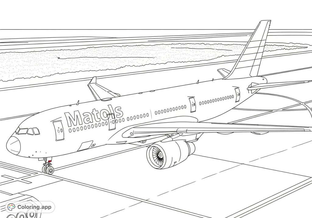 Detail a large commercial aircraft on a tarmac from an elevated view, featuring windows, a prominent wordmark, engine fan blades, and ground markings.
