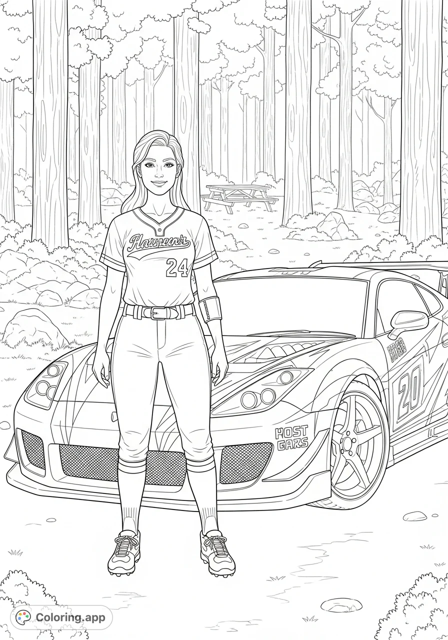 A confident woman in a softball uniform stands by a sleek sports car amidst a dense forest. Features detailed uniform, angular car design, and natural background elements.