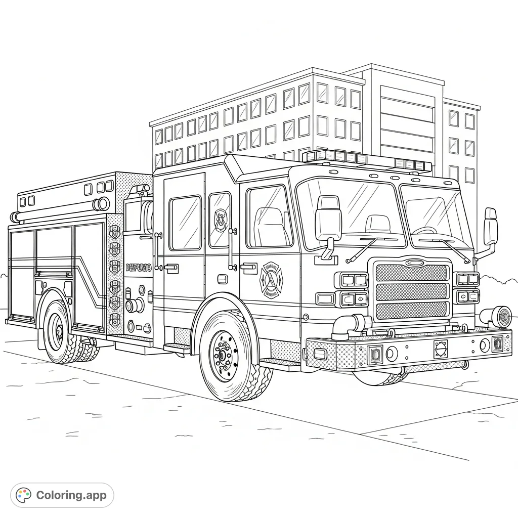 Color a highly detailed fire truck featuring a prominent grille, roof light bar, numerous compartments, hoses, and textured diamond plate, set against a building backdrop.