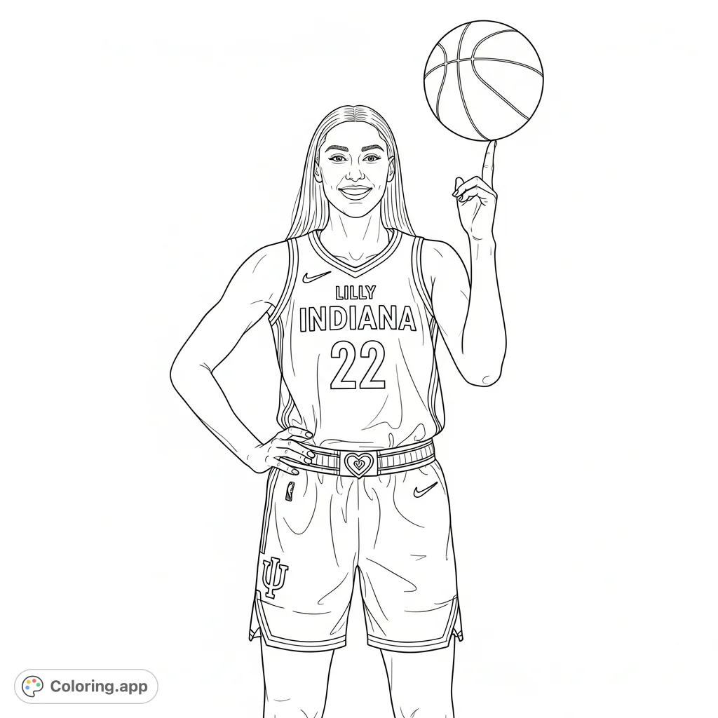 Color this dynamic free printable female basketball player Lilly, balancing a basketball with confidence. Features her jersey with "INDIANA 22" and a heart buckle.