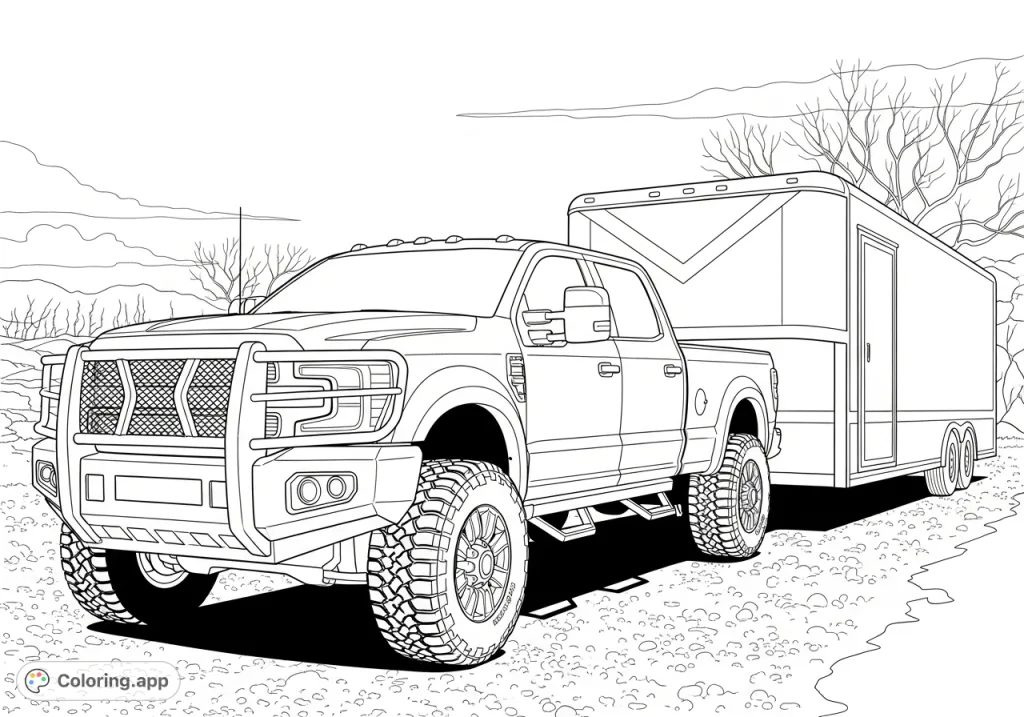 A powerful heavy-duty pickup truck with deeply treaded tires and a rugged grille guard, hitched to a V-front utility trailer on a gravel surface. Perfect for truck enthusiasts.