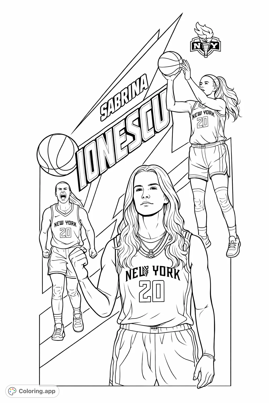 Celebrate basketball legend Sabrina Ionescu with this dynamic coloring page featuring multiple poses, inspiring text, and spirited court action for fans.