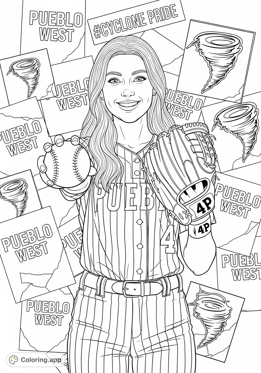 An empowering softball player smiles, holding a softball and wearing a pinstriped uniform, with a background of team spirit text and a tornado logo.