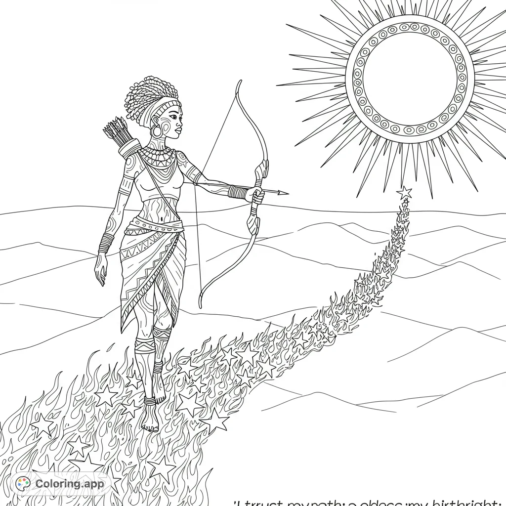 An empowered archer walks a path of stars and flames under a radiant sun. Intricate patterns adorn this celestial warrior.
