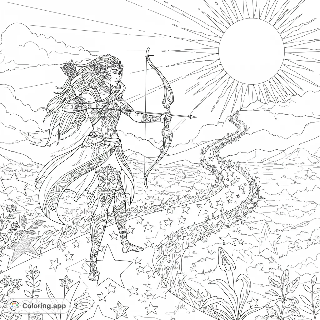 An intricate fantasy warrior coloring page featuring a celestial archer aiming her bow on a path of stars and flames under a radiant sun. Free printable.