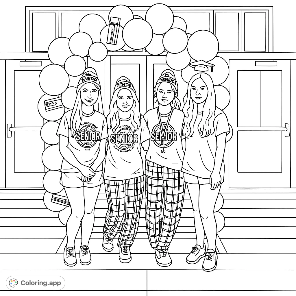 Celebrate senior year with this fun coloring page! Features students, balloons, and school spirit.