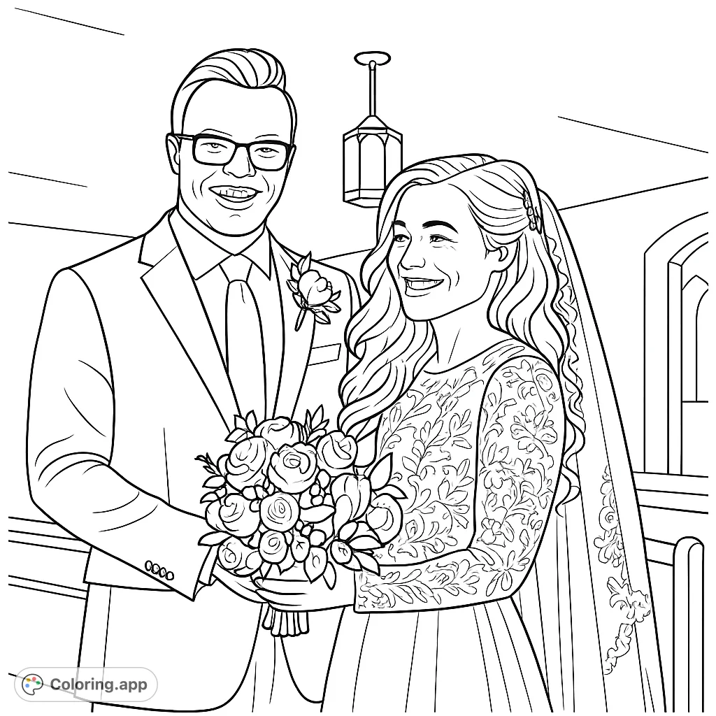 Celebrate love with this beautiful wedding coloring page featuring a happy bride and groom holding a bouquet, perfect for all ages.