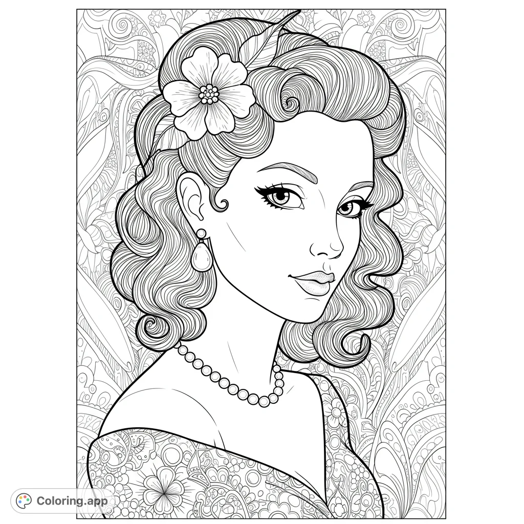 An elegant woman with a vintage hairstyle, pearl necklace, and intricate floral dress, set against a detailed patterned background. Perfect for adult colorists.