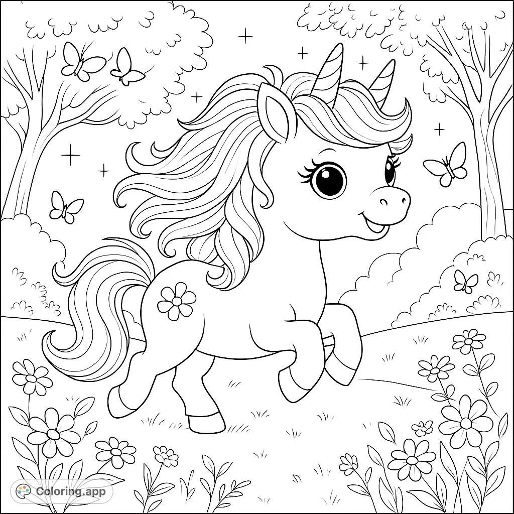 A delightful unicorn prancing through a magical meadow filled with flowers and butterflies, perfect for a whimsical coloring adventure.