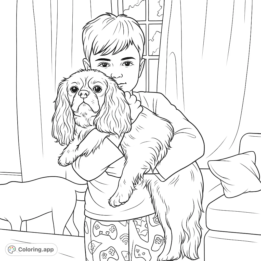 A heartwarming free printable coloring page featuring a boy gently holding his fluffy Cavalier King Charles Spaniel, perfect for kids and pet lovers.