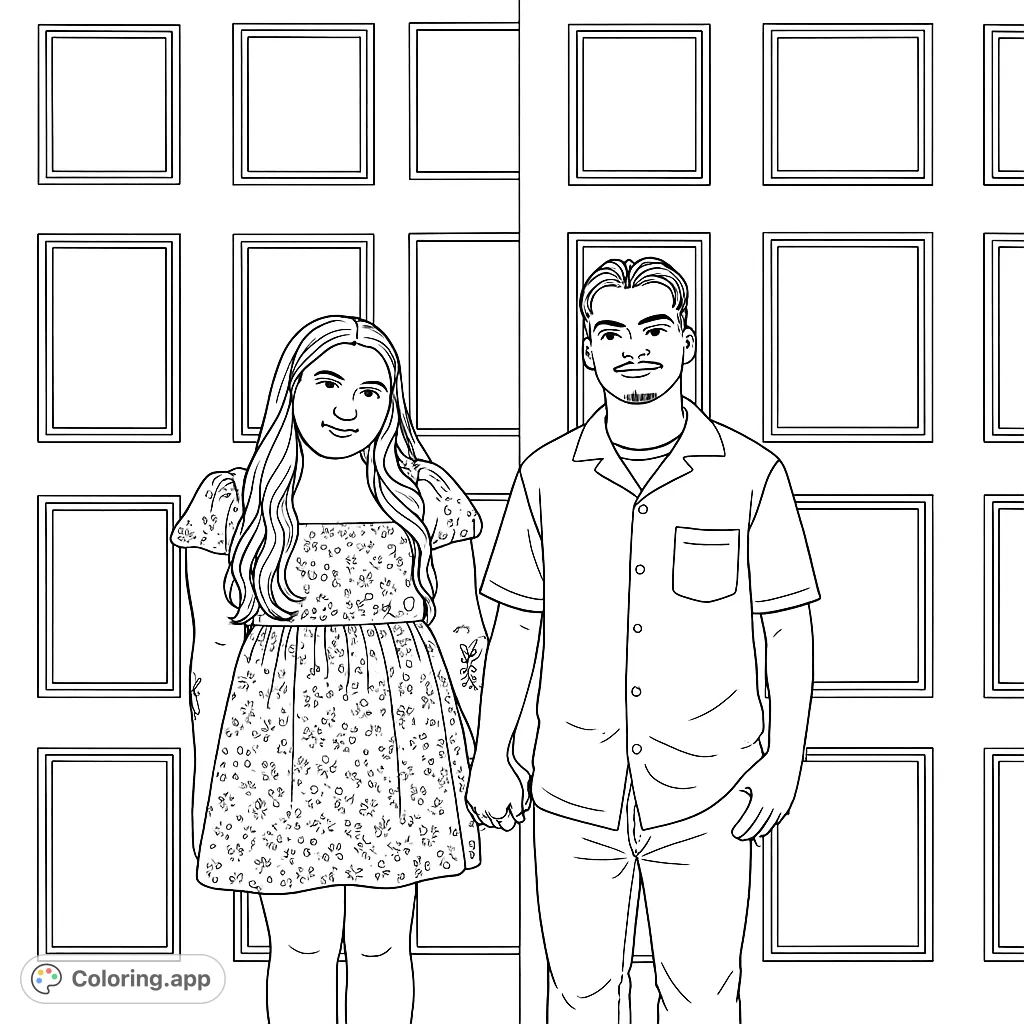 A heartwarming couple holds hands in front of a wall of empty frames, ready for your creative colors. A free printable couple coloring page.