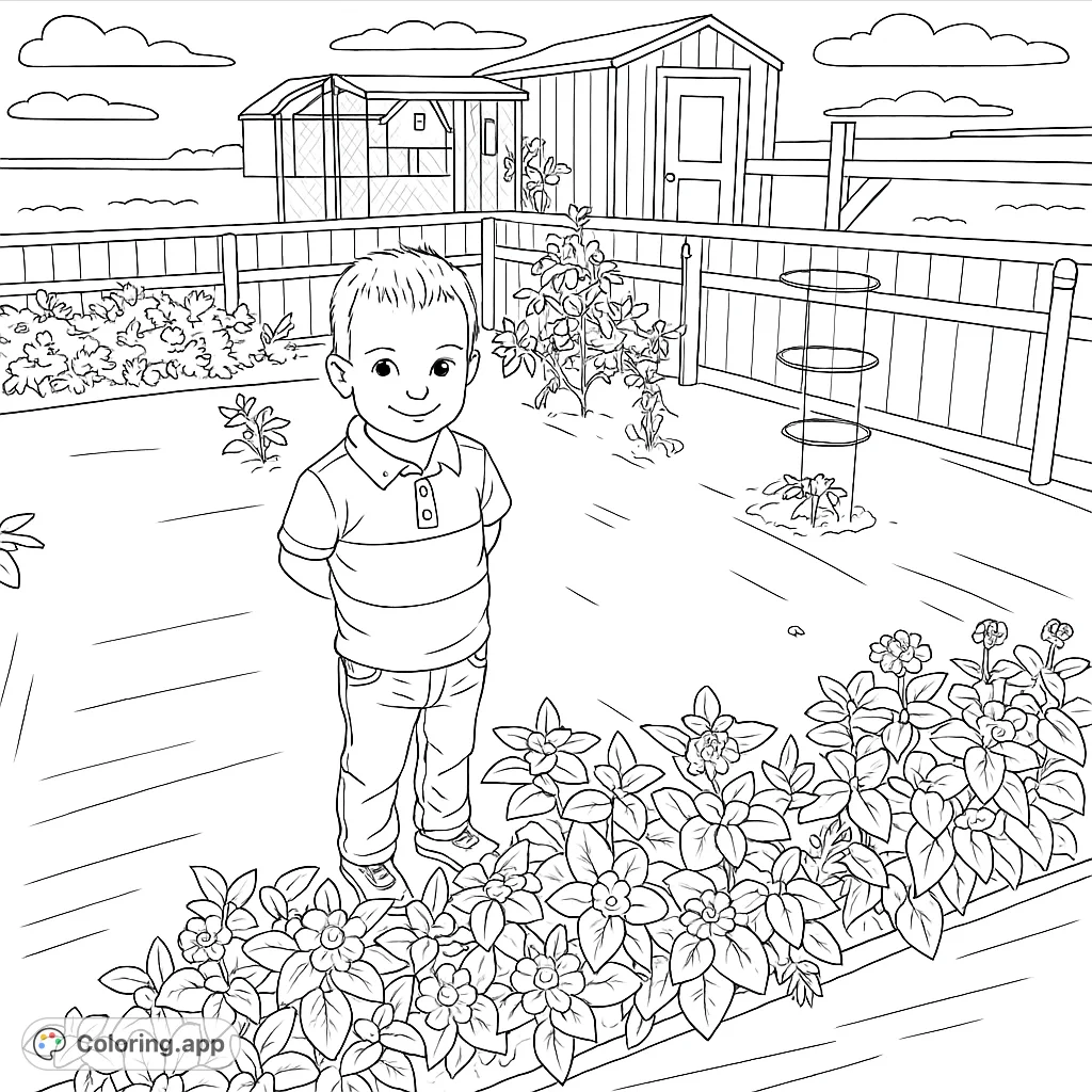 A cute boy stands in a garden with flowers and vegetables. A fun coloring page for kids who love nature and gardening!