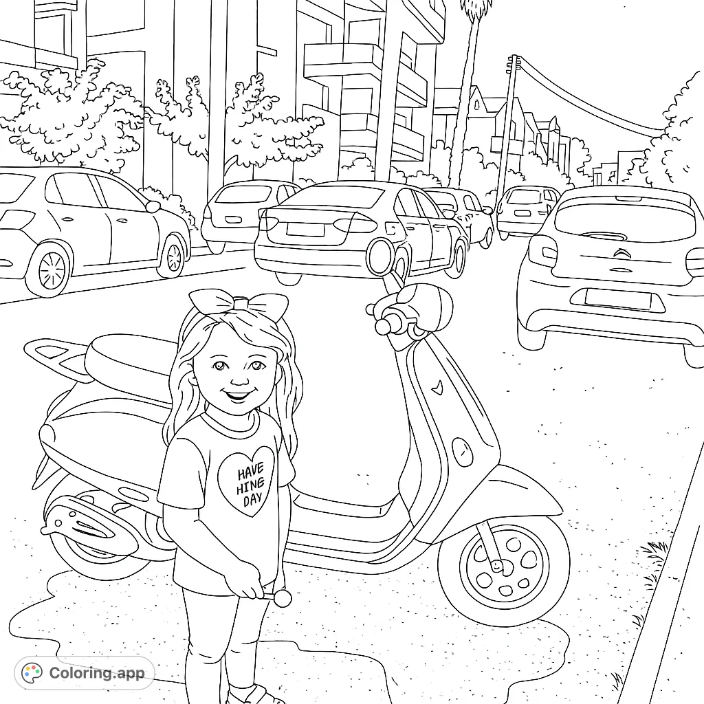 A cute girl stands next to a pink scooter, ready for a fun ride! This coloring page captures a sweet moment.