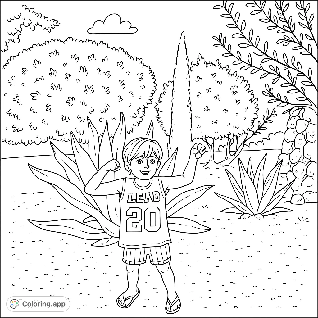 A cheerful boy flexing his muscles in a vibrant garden, surrounded by lush plants and trees. A fun, free printable coloring page for all ages.