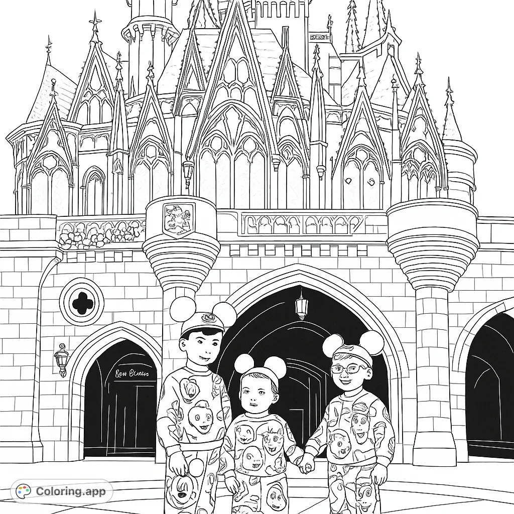 An enchanting castle coloring page featuring three joyful children in character outfits with Mickey ears, standing before a majestic, detailed fairytale castle.