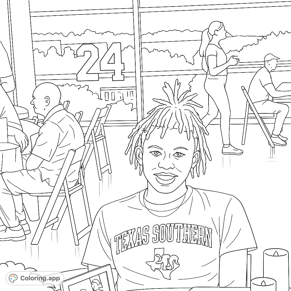 A vibrant college life coloring page featuring a smiling student in a Texas Southern shirt, surrounded by campus activity and a city view.