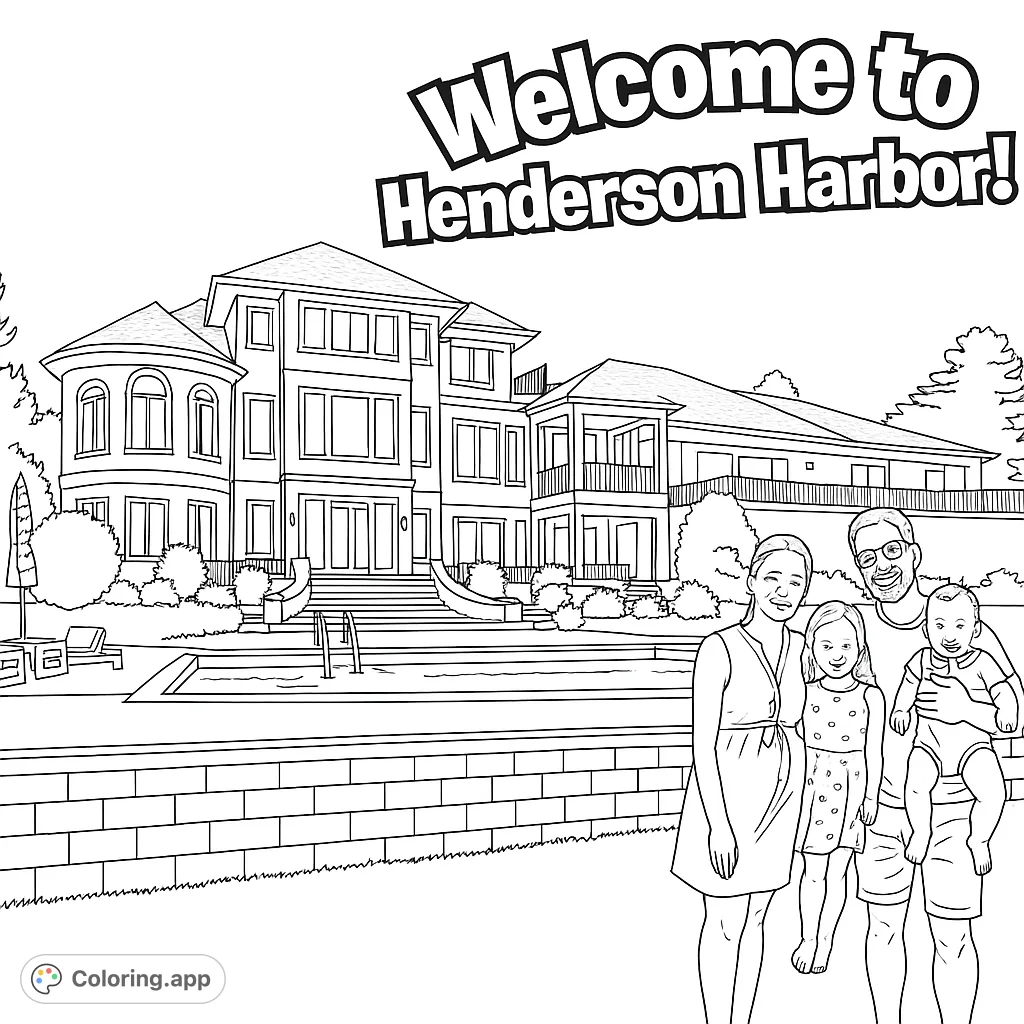 A happy family poses by a grand mansion and sparkling pool, ready for a vibrant coloring adventure. Perfect for all ages!